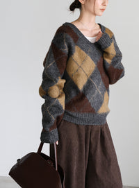 モヘアアーガイルVネックニット