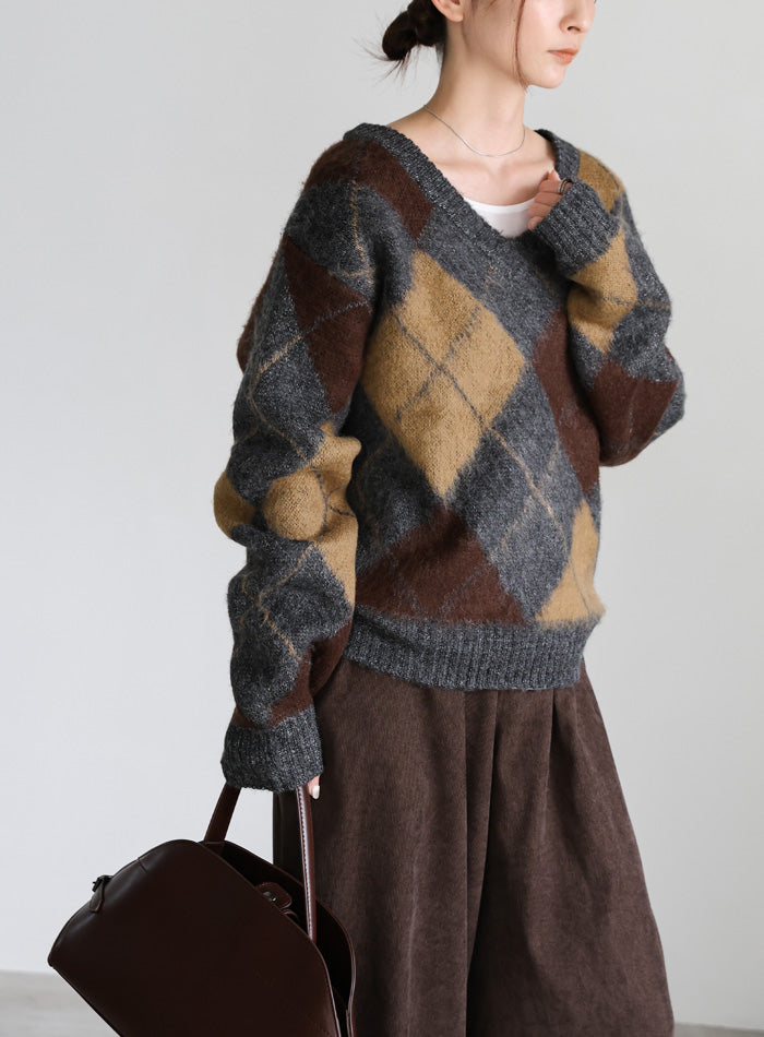 モヘアアーガイルVネックニット
