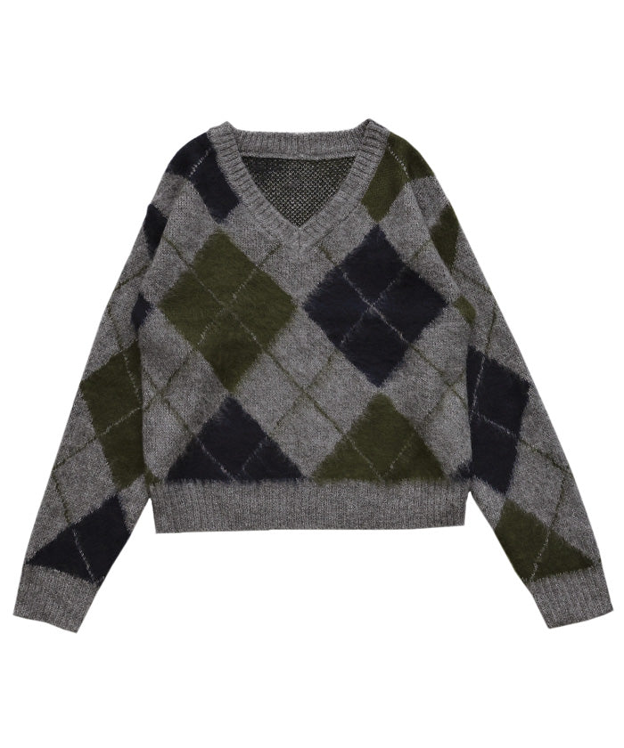 モヘアアーガイルVネックニット