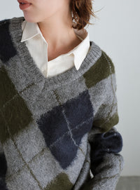 モヘアアーガイルVネックニット
