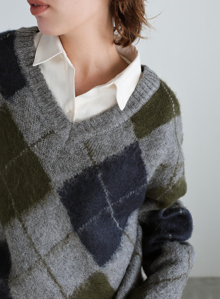 モヘアアーガイルVネックニット