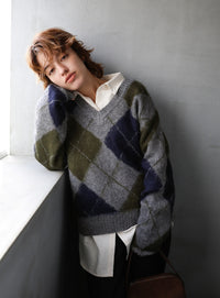 モヘアアーガイルVネックニット