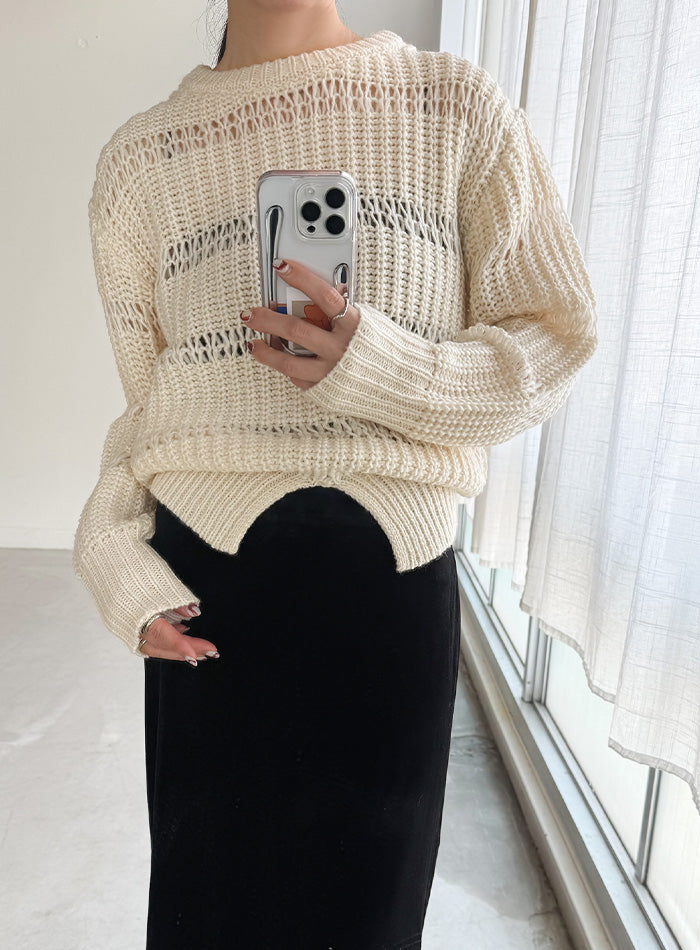 センタースリット透かし編みニット【by SON】 – SELECT MOCA