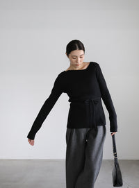 アシメネックウエストリボンニット