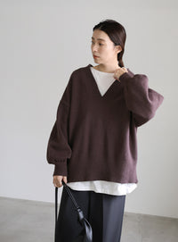Vネックボリュームスリーブオーバーニット