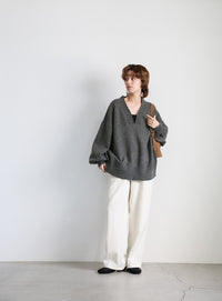 Vネックボリュームスリーブオーバーニット