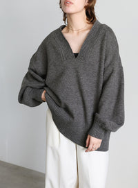 Vネックボリュームスリーブオーバーニット