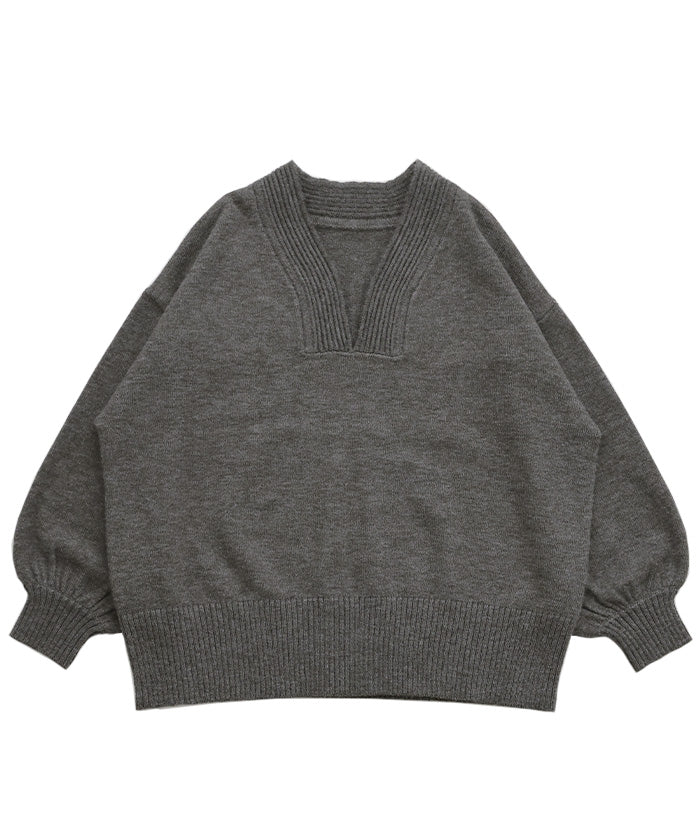 Vネックボリュームスリーブオーバーニット