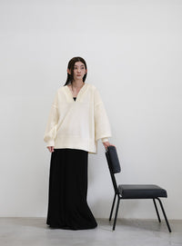 Vネックボリュームスリーブオーバーニット