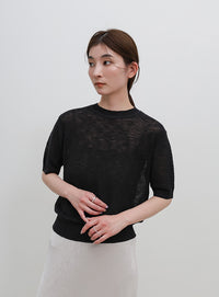 リブ編みシアークルーネックニット
