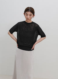 リブ編みシアークルーネックニット