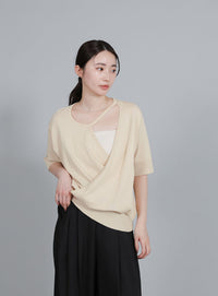 【Et】Wrap-Style Half-Sleeve Light Knit