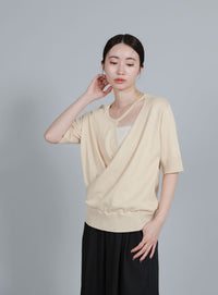 【Et】Wrap-Style Half-Sleeve Light Knit