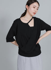 【Et】Wrap-Style Half-Sleeve Light Knit