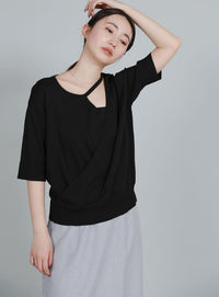 【Et】Wrap-Style Half-Sleeve Light Knit