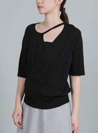 【Et】Wrap-Style Half-Sleeve Light Knit