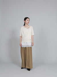 【Et】Wrap-Style Half-Sleeve Light Knit