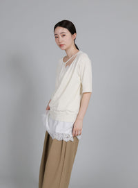 【Et】Wrap-Style Half-Sleeve Light Knit