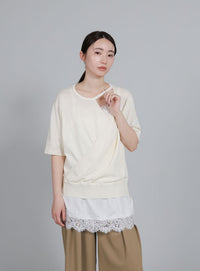 【Et】Wrap-Style Half-Sleeve Light Knit