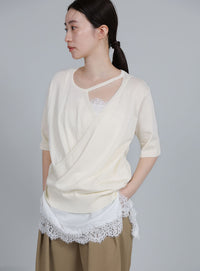 【Et】Wrap-Style Half-Sleeve Light Knit