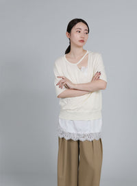 【Et】Wrap-Style Half-Sleeve Light Knit