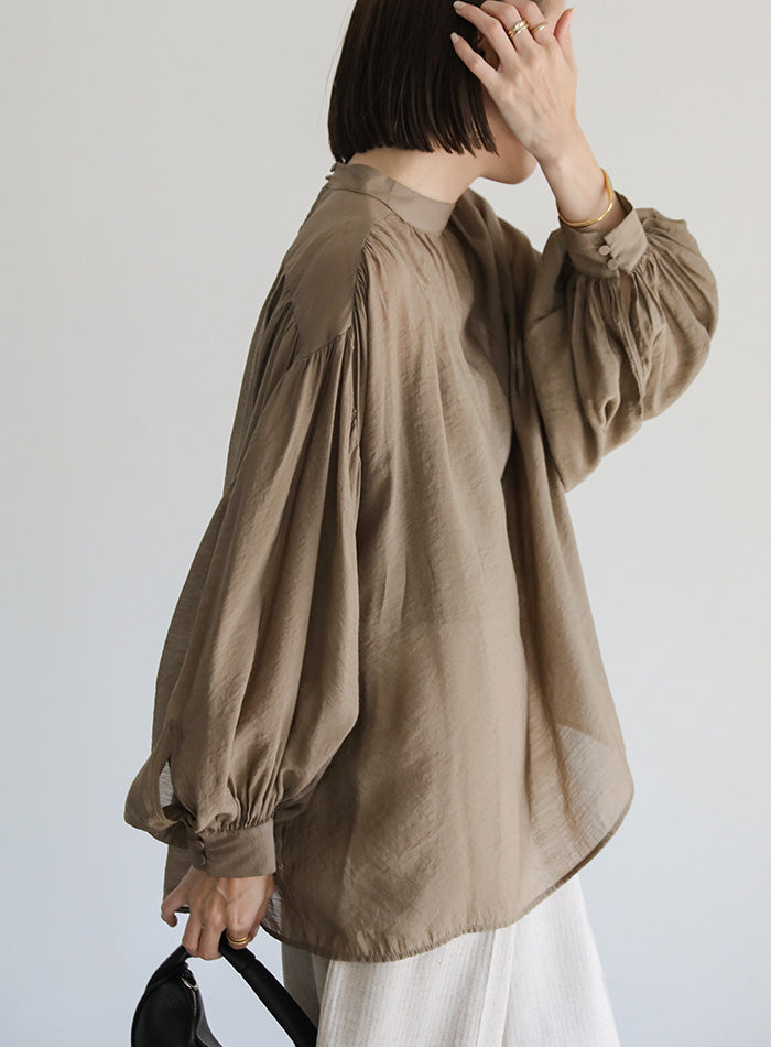 プチハイネックボリュームシアー楊柳ブラウス【SALE】