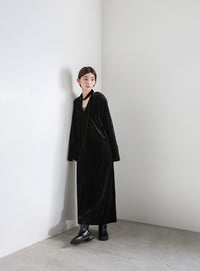 ボウタイリボンVネックベロアワンピース