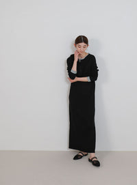 カットリブレイヤードヘンリーネックワンピース