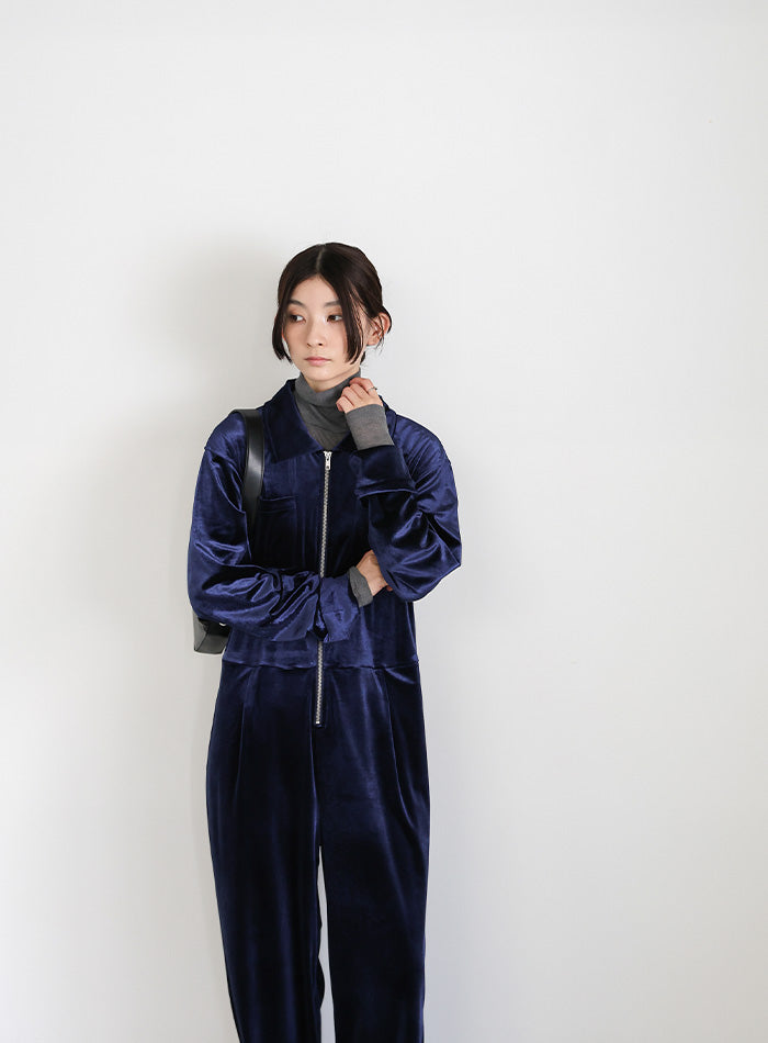 フロントジップベロアオールインワン