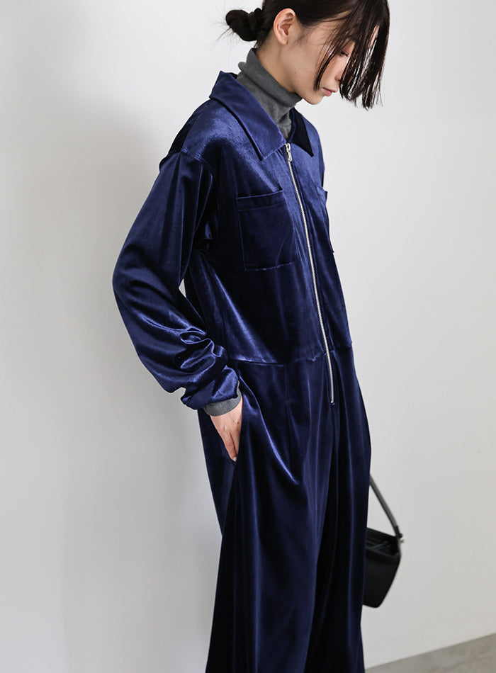 フロントジップベロアオールインワン