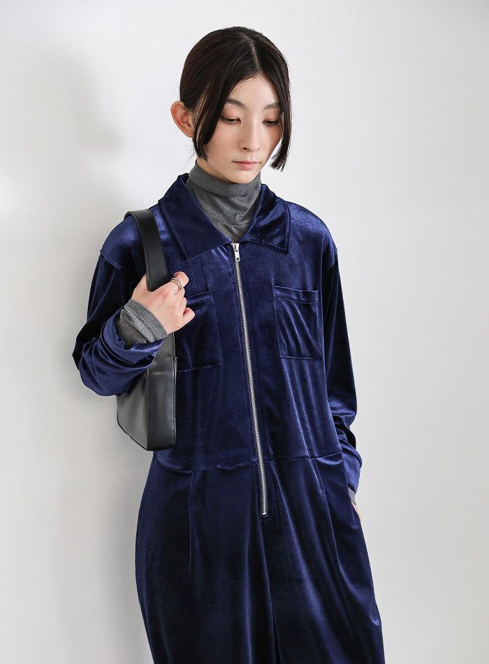 フロントジップベロアオールインワン