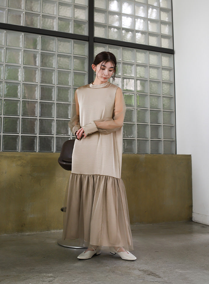 【オケージョン/結婚式】ヘムチュールサテンワンピース