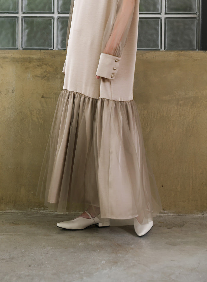 【オケージョン/結婚式】ヘムチュールサテンワンピース