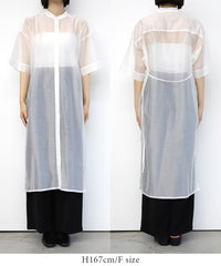 【Et】Half-sleeve Band Collar Sheer Shirt Onepiece