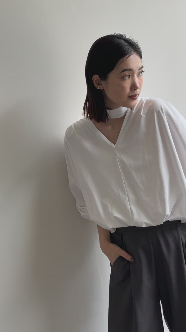 【Et】Tie-Detail Balloon Sleeve V-Neck Knit Top