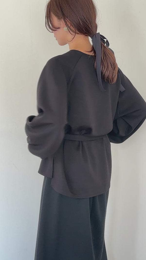 【Et】Waist Ribbon Double Knit Tops