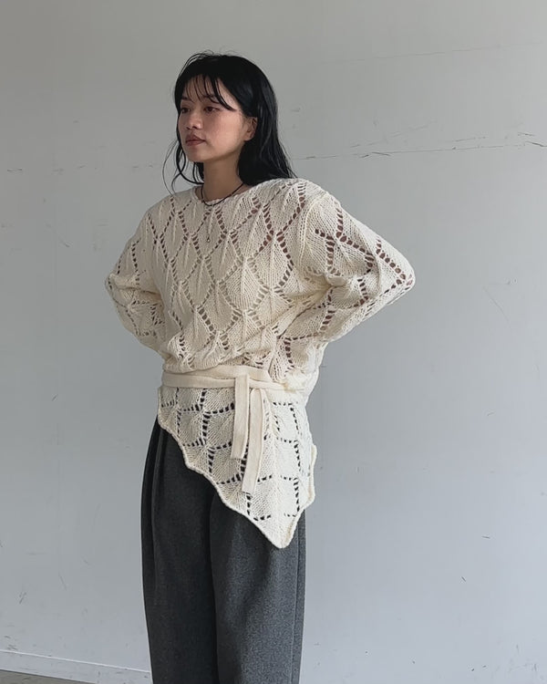 透かし編みクルーネックニットトップス