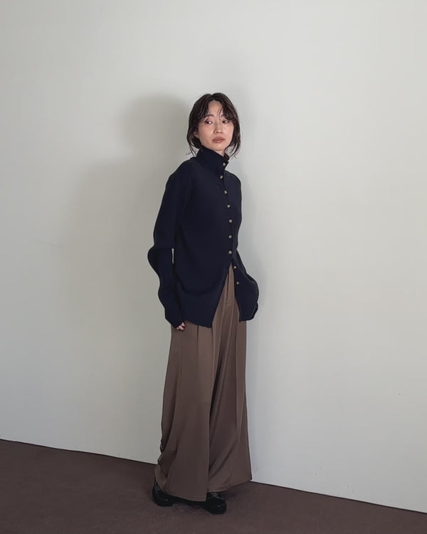 【Et】Button Design High-Neck Rib Knit Cardigan