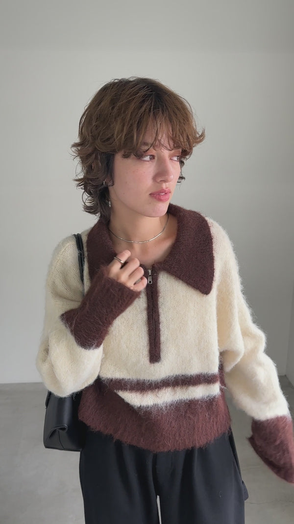 アルパカタッチハーフジップ配色ニット