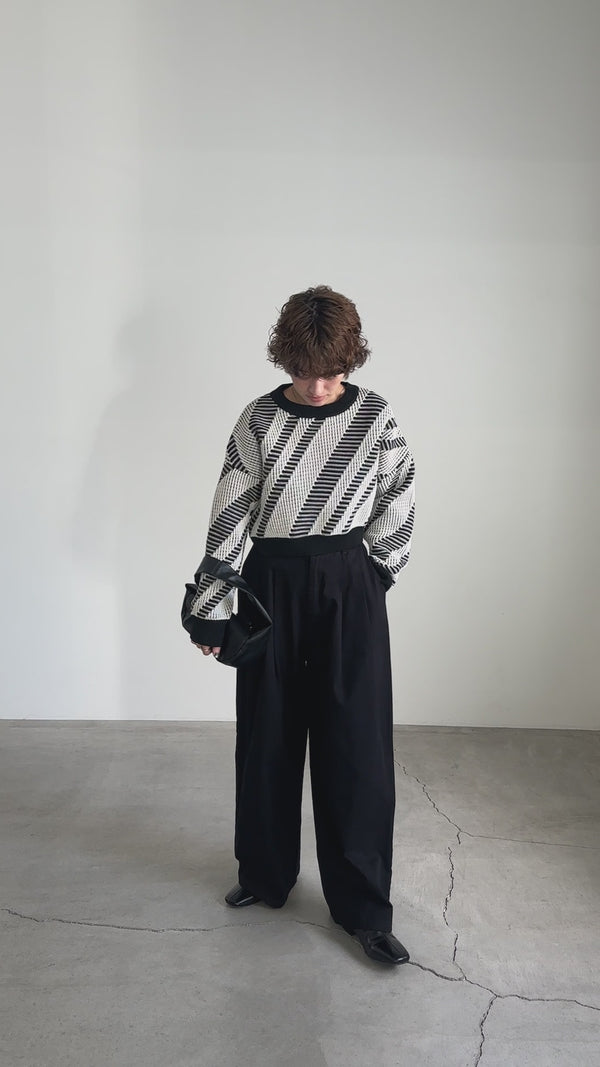 編み地切替ショート丈柄ニットトップス