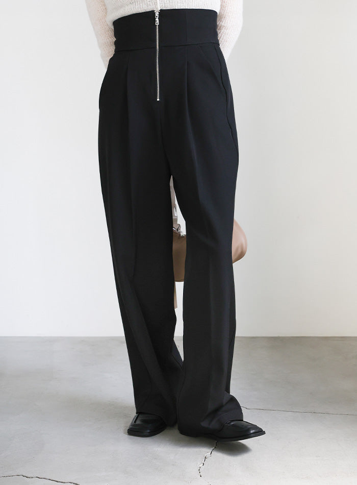 フロントファスナーハイウエストタックパンツ