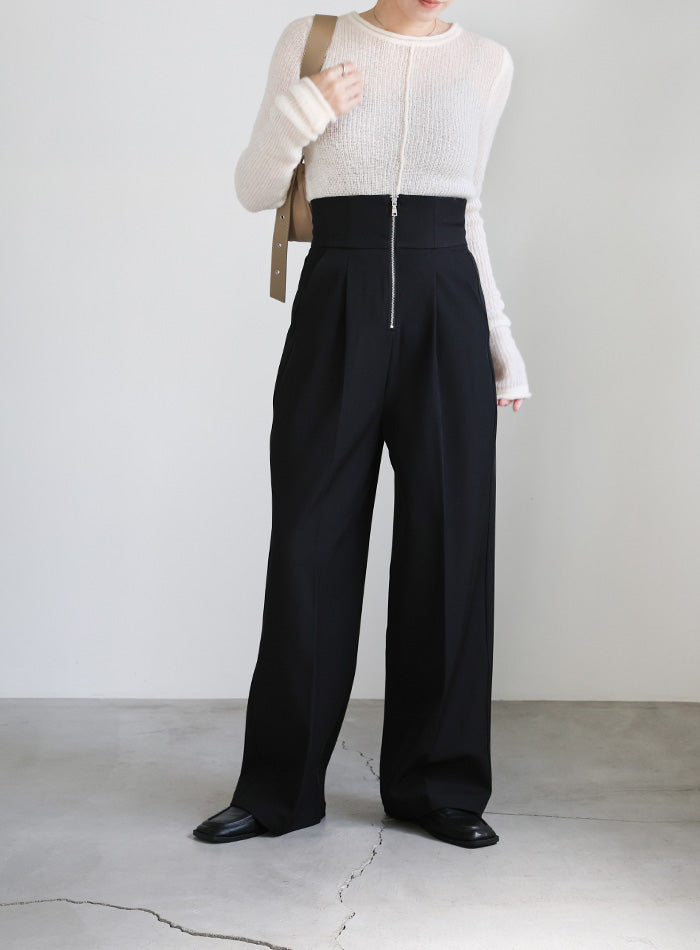 フロントファスナーハイウエストタックパンツ