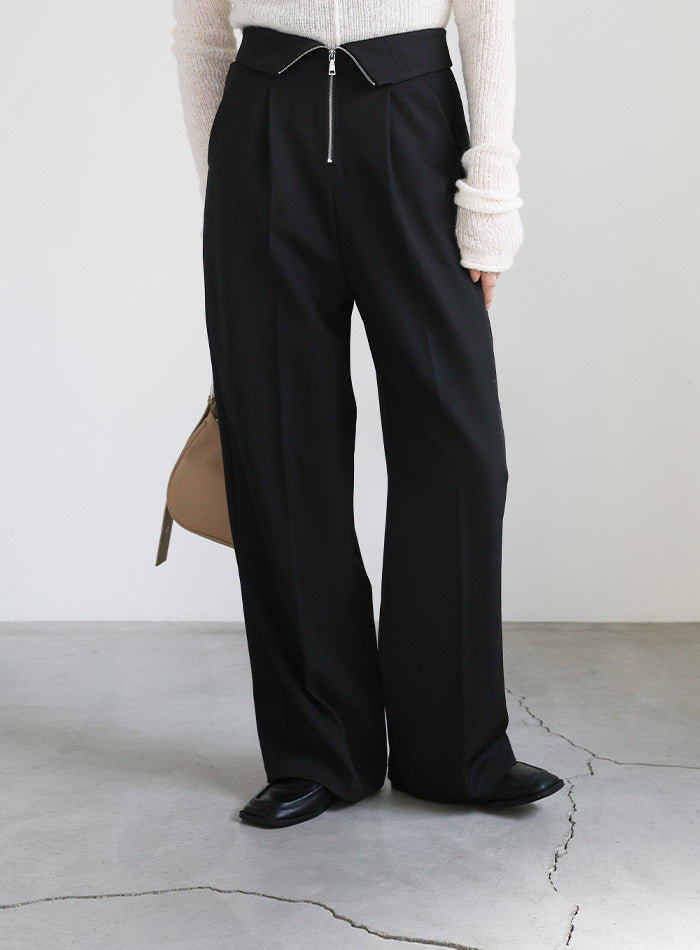 フロントファスナーハイウエストタックパンツ