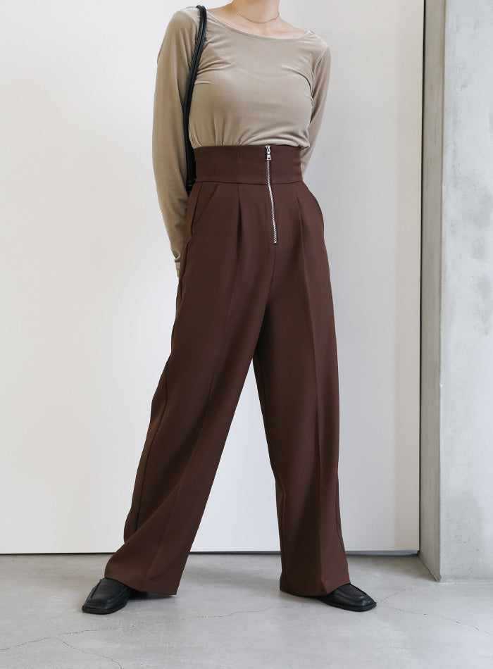 フロントファスナーハイウエストタックパンツ