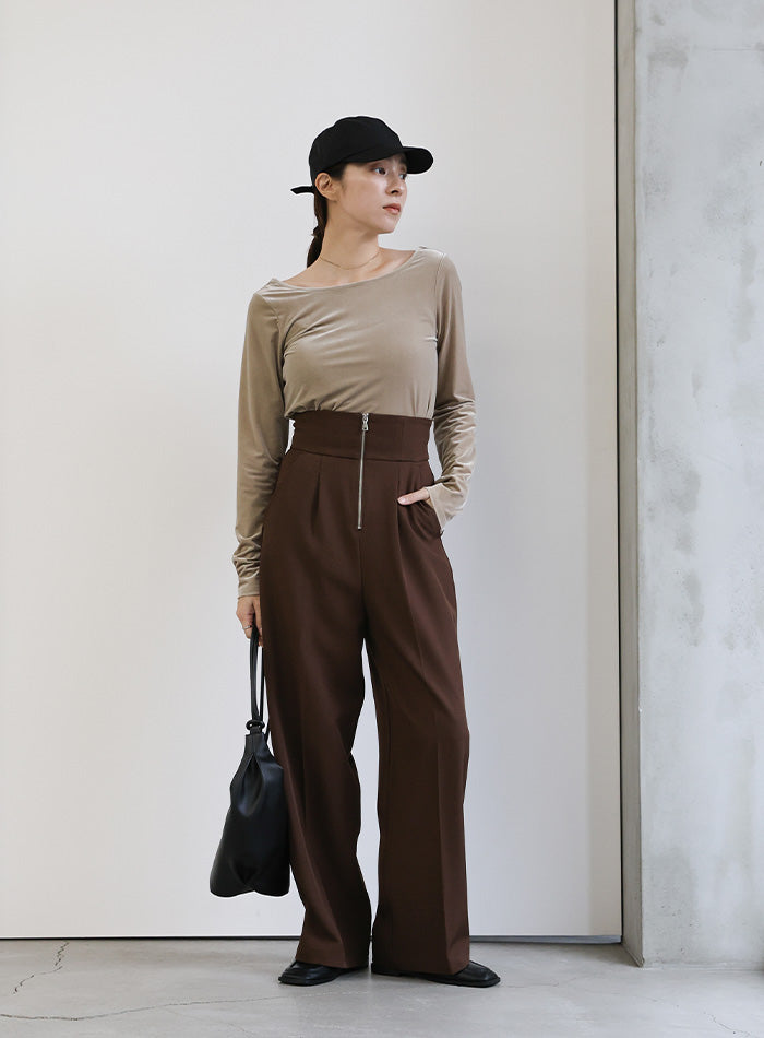 フロントファスナーハイウエストタックパンツ