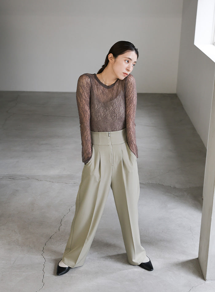 フロントファスナーハイウエストタックパンツ