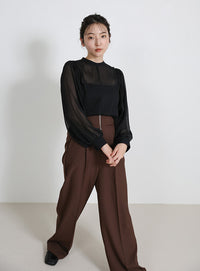 フロントファスナーハイウエストタックパンツ