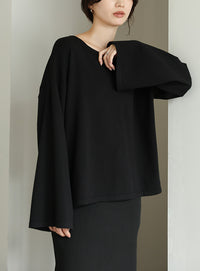 【Et】Flare Sleeve Assorted Border Knit