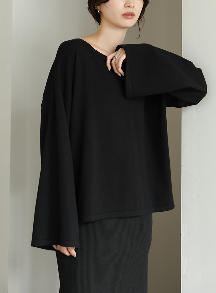 【Et】Flare Sleeve Assorted Border Knit