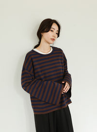 【Et】Flare Sleeve Assorted Border Knit